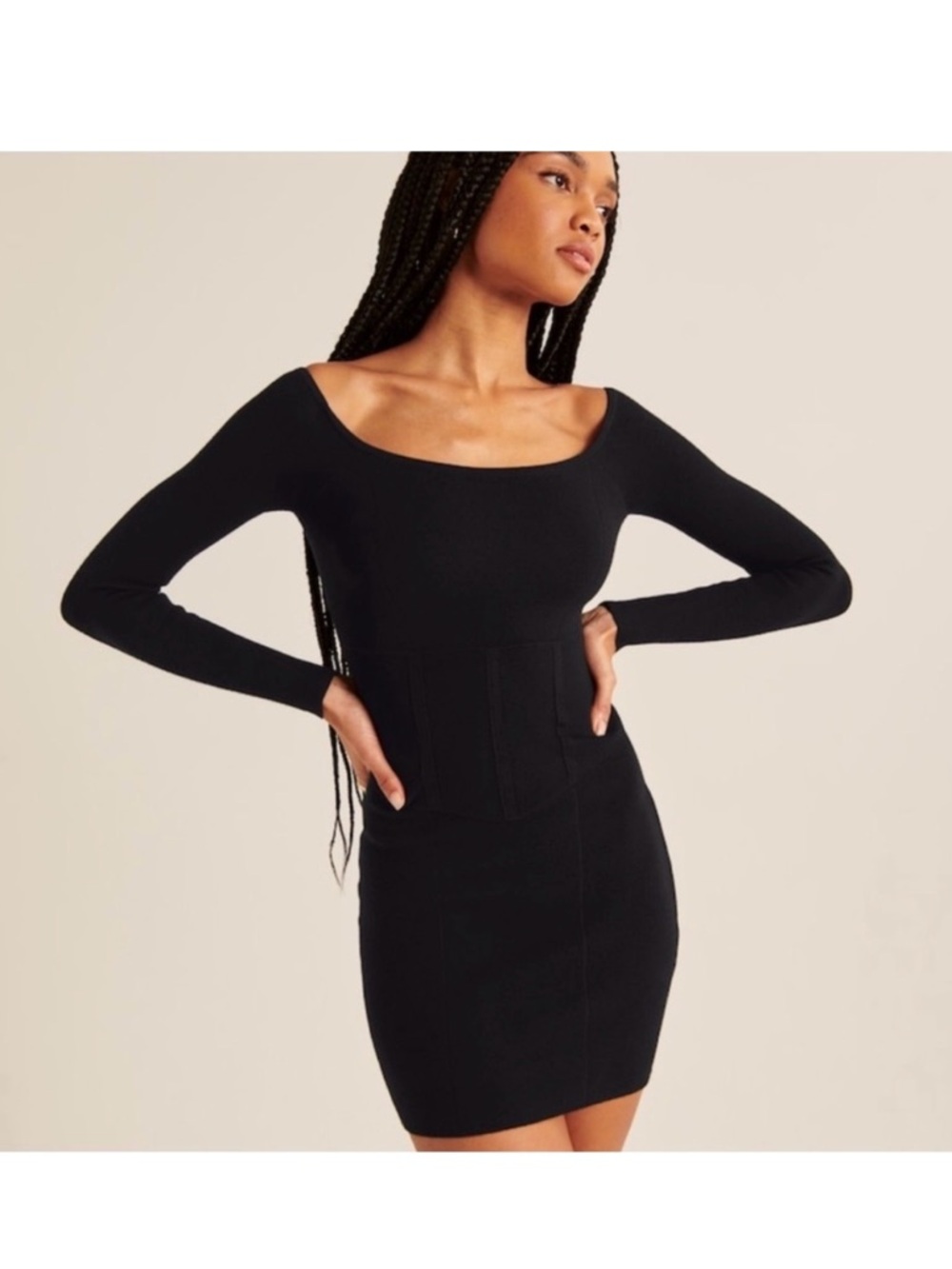 Abercrombie & Fitch Black Square Neck Long Sleeve Corset Knit Bodycon Dress LP